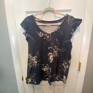 Maurice's Women's Blue and Cream Floral Ruffle Sleeve Knit Top XL